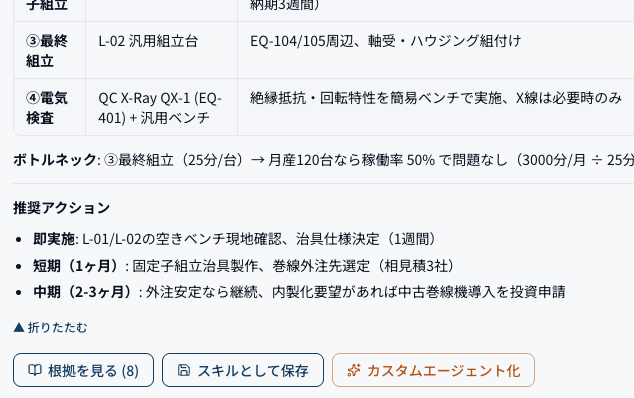 Lluminai 推奨アクション + スキルとして保存 / カスタムエージェント化ボタン
